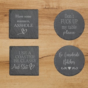 Set of 4 Funny Adult Engraved Slate Coasters - Gift for Housewarming, Weddings, Couples, Anniversaries - Square or Round - Charcoal Gray