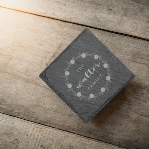 Set of 4 Personalized Engraved Slate Coasters- Gift for Housewarming, Weddings, Couples, Anniversaries - Square or Round - Charcoal Gray