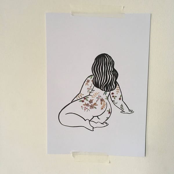 Geïllustreerde lichaam positieve wildflower vrouw kunst afdrukken A4