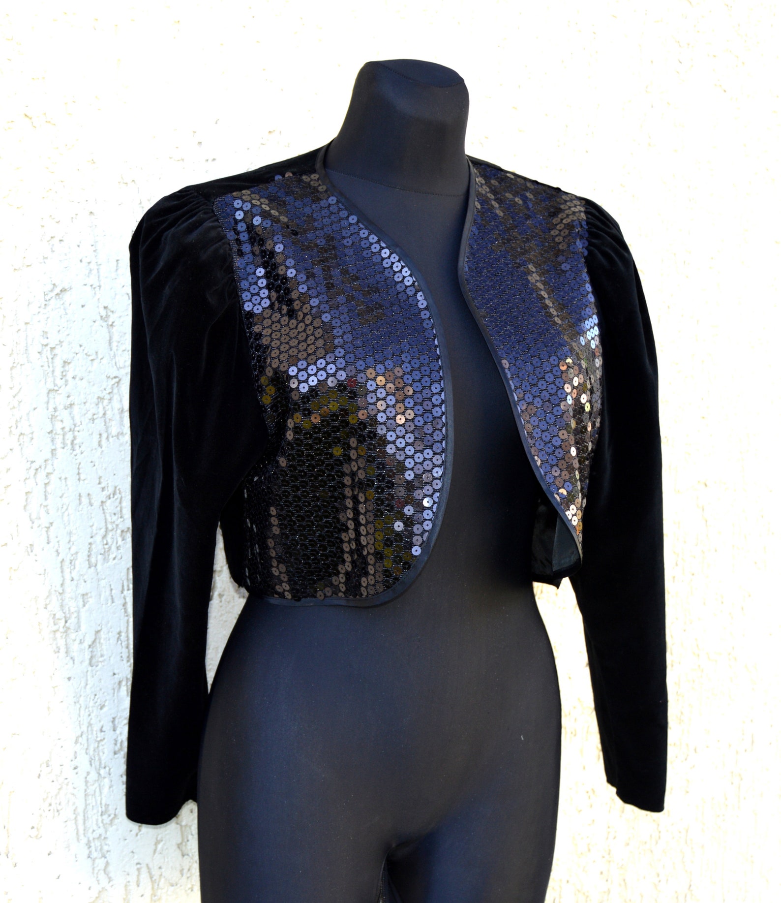 Black Velvet Jacket Vintage Bolero Jacket Sequin Jacket Long Etsy