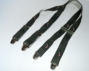 Vintage wide suspenders Leather Men Green Fishing Print Suspenders Braces Y-Shape Braces Fully Adjustable Metal Clip Braces