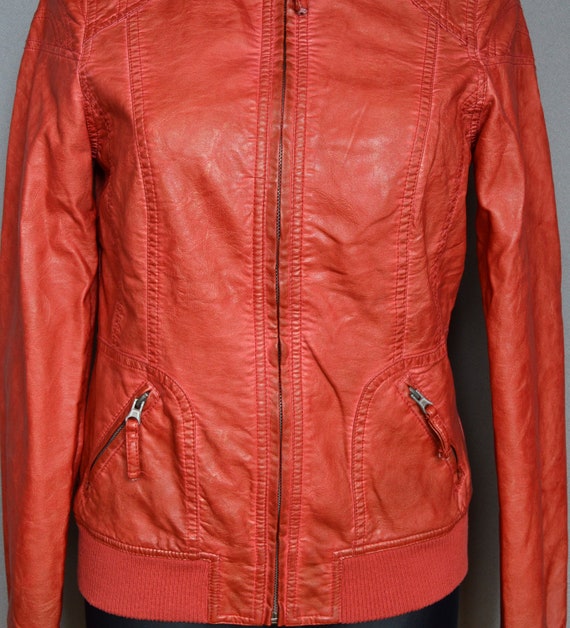 Vintage Faux Leather Red Jacket Er Bright Vegan Moto Zip Up Rocker Cropped Blazer M Size