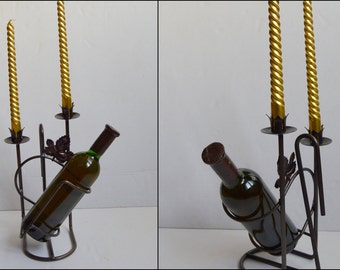 Vintage 70s Iron Candles and Wine bottle holder Black Iron Bottle Holder with 2 Candle Holders Old Rustic Scandinavian design bottle carrier