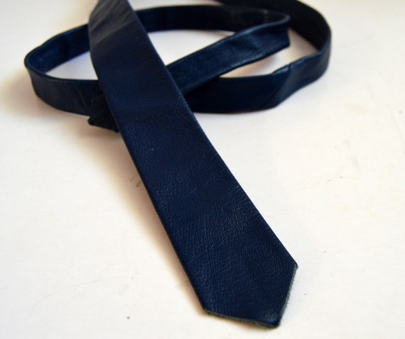 Vintage Leather tie Navy Blue necktie Vintage men… - image 1