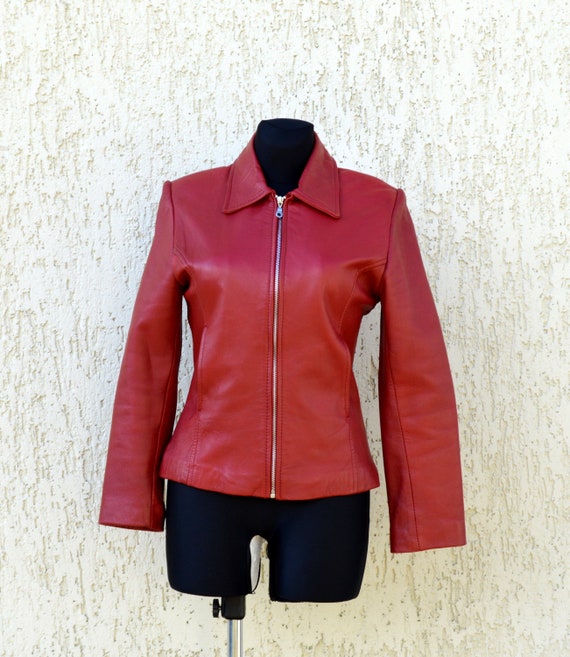 Red Leather Blazer Burdy Zip Up Jacket 90s Vintage Red Leather Blazer Burdy Zip