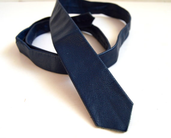 Vintage Leather tie Navy Blue necktie Vintage men… - image 5