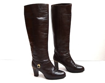 Vintage 90's Women's Brown Leather Long Heeled Calf Boots knee high heels Zipped Finland Boots Size Size: 36 EU 5.5 US 3 UK