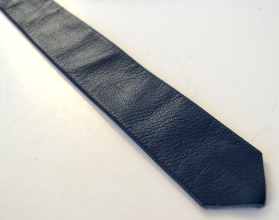 Vintage Leather tie Navy Blue necktie Vintage men… - image 2