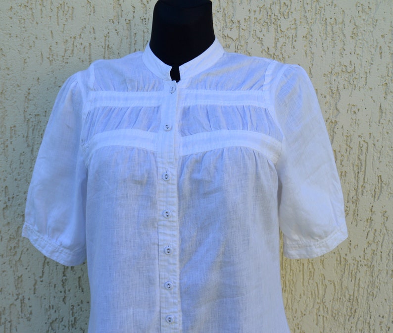 White Linen Blouse Vintage Linen Tunic White Shirt Womens Linen clothing Oversize linen Boho buttons up blouse Medium Size