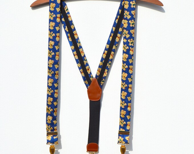 Vintage Mens Suspenders Blue Gold Bears Hippy Suspenders Leather Fully