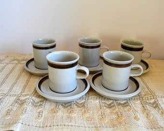 Vintage 70s Arabia Finland KARELIA coffee cups and saucers Set of 5 Retro kitchen decor Made in Finland