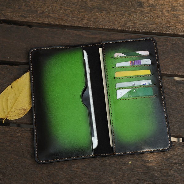 Cartera larga para hombre, cartera de cuero verde hecha a mano, cartera para teléfono, cartera de cuero para hombre, cartera personalizada, cartera personalizada, regalo para él