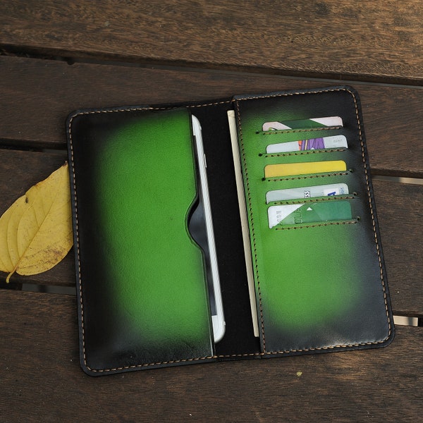 Long Wallet Men, Handmade Green Leather Wallet, Phone Holder Wallet, Mens Leather Wallet, Personalized Wallet, Custom Wallet, Gift for him