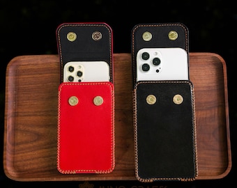 Leather Dual Phone Pouch Two Phone Holder Double Phone Case For Cell Phone 15 Pro max 14 Pro Max
