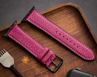 Deep Pink Leather iWatch band 49mm, 46mm, 45mm, 44mm, 42mm,41mm, 40mm, 38mm iWatch Strap Series SE2, 10, 9, 8, 7