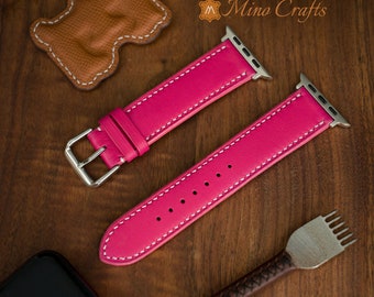 Rose Pink Leather iWatch band 49mm, 46mm, 45mm, 44mm, 42mm,41mm, 40mm, 38mm iWatch Strap Series SE2, 10, 9, 8, 7