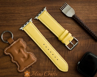 Yellow Leather iWatch band 49mm, 46mm, 45mm, 44mm, 42mm,41mm, 40mm, 38mm iWatch Strap Series SE2, 10, 9, 8, 7