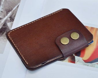 Buttons Click Wallet, Front Pocket Brown Leather Men Slim Wallet, Cowhide Card Holder, Leather Money Clip, Gifts for Him, Gift for Her