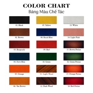 May include: Colour chart displaying 18 different leather colours, including black, brown, burgundy, navy blue, orange, tan brown, yellow, royal blue, red, green, light wood, dark wood, white, light pink, brown patina, green patina, orange patina, and red patina.