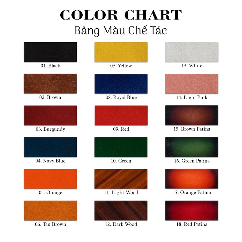 May include: Colour chart displaying 18 different leather colours, including black, brown, burgundy, navy blue, orange, tan brown, yellow, royal blue, red, green, light wood, dark wood, white, light pink, brown patina, green patina, orange patina, and red patina.