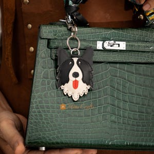 Border Collie Dog Bag Charm – Handmade Leather Keychain – Cute Cowhide Dog Accessory – Gift for Dog Lovers – MinoCrafts