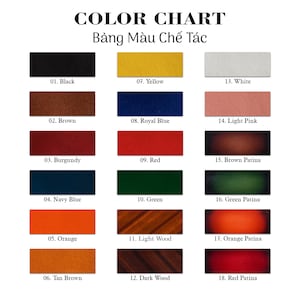 May include: Color chart with 18 different leather colors, including black, brown, burgundy, navy blue, orange, tan brown, yellow, royal blue, red, green, light wood, dark wood, white, light pink, brown patina, green patina, orange patina, and red patina.