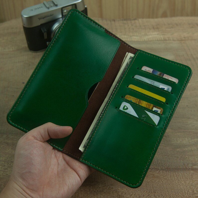 Green Checkbook Wallet Gift for her Minimal Long Wallet with phone holder Bifold Leather Wallet Hand Stitched Long Wallet Gift for him