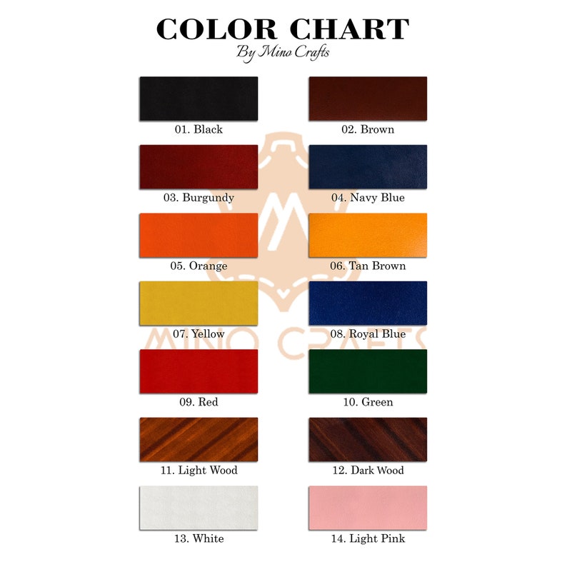 May include: Colour chart displaying 14 different colours, including black, brown, burgundy, navy blue, orange, tan brown, yellow, royal blue, red, green, light wood, dark wood, white, and light pink. The chart is titled "COLOR CHART" with the text "By Mino Crafts" underneath.