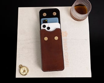 Leather Dual Phone Holster Two Phone Holder With Belt Loop Double Phone Pouch For Cell Phone 15 Pro max 14 Pro Max