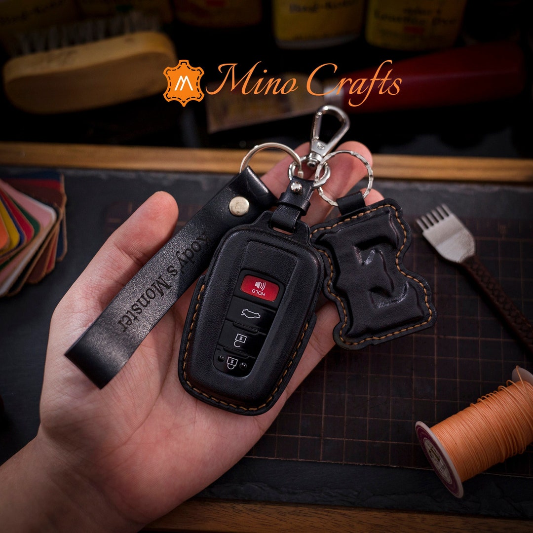 Black Leather 4-Button Remote Key Fob Cover – For Toyota Camry, Avalon, Corolla – HYQ14FBA Style