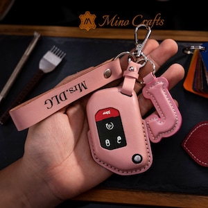 Handcrafted Leather Car Accessories Leather Key Fob Cover For JWrangler, JL, JLU, Rubicon with Strap and Initial Charm
