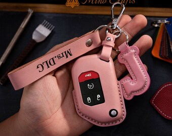 Handcrafted Leather Car Accessories Leather Key Fob Cover For JWrangler, JL, JLU, Rubicon with Strap and Initial Charm