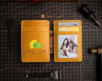 Personalized EDC Leather Card Holder, Custom Photo or Logo Wallet, Handmade Credit Card Case, Corporate or Family Gift – Minocrafts
