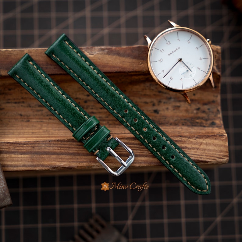 Green Leather Watch Band 8mm 10mm 12mm 14mm Leather Watch Strap Handmade Watch Band Women Watch Strap image 7