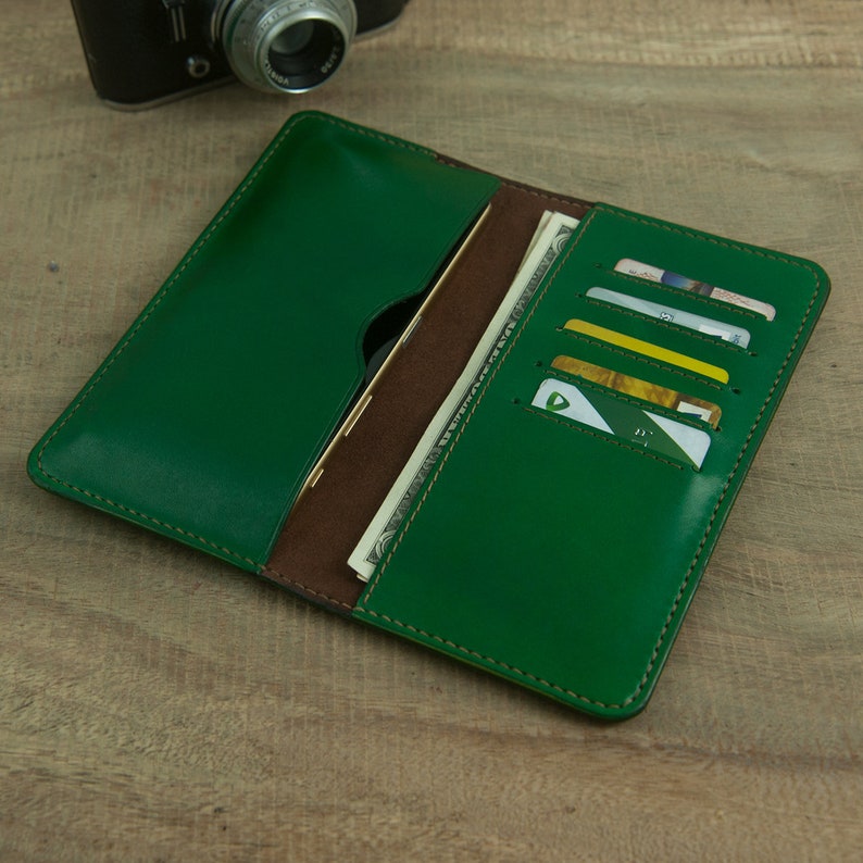 Green Checkbook Wallet Gift for her Minimal Long Wallet with phone holder Bifold Leather Wallet Hand Stitched Long Wallet Gift for him