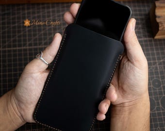Black Leather Phone Pouch for SS Galaxy S25 S24 S23 Z Fold 6 Handmade Custom Fit Case Full Grain Leather Phone Sleeve for All Samsung Models