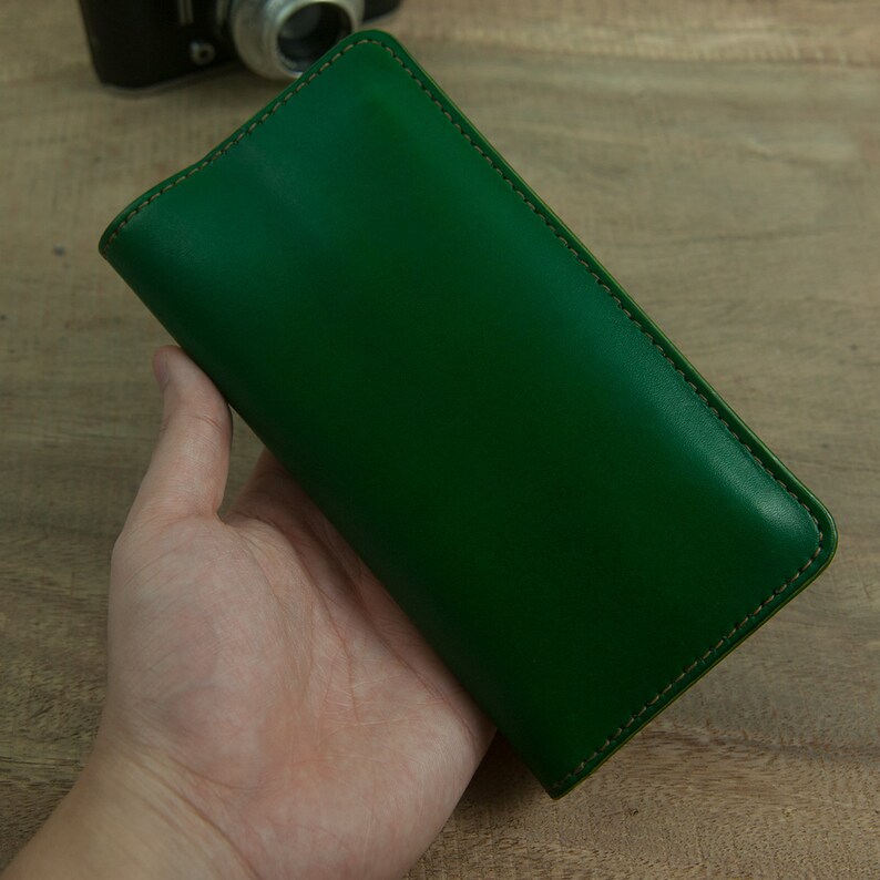 Green Checkbook Wallet Gift for her Minimal Long Wallet with phone holder Bifold Leather Wallet Hand Stitched Long Wallet Gift for him