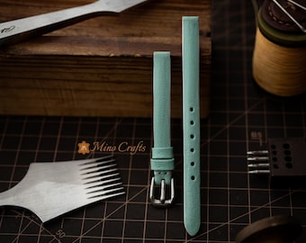 Tiny Light Teal Watch Strap for Women | Ultra Slim Hand Stitched Leather Band | Delicate Minimalist Wrist Style