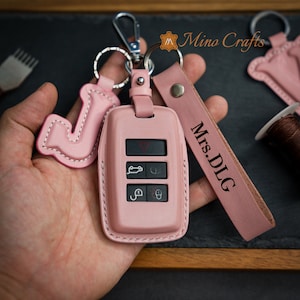 Leather Car Key Fob Case Cover Holder Compatible with Rover 2018 2019 2020 Discovery Rover Sport Evoque with Strap and Initial Charm