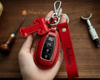 Leather Key Fob Cover For Elantra GT Veloster Kona Venue Santa Fe Palisade