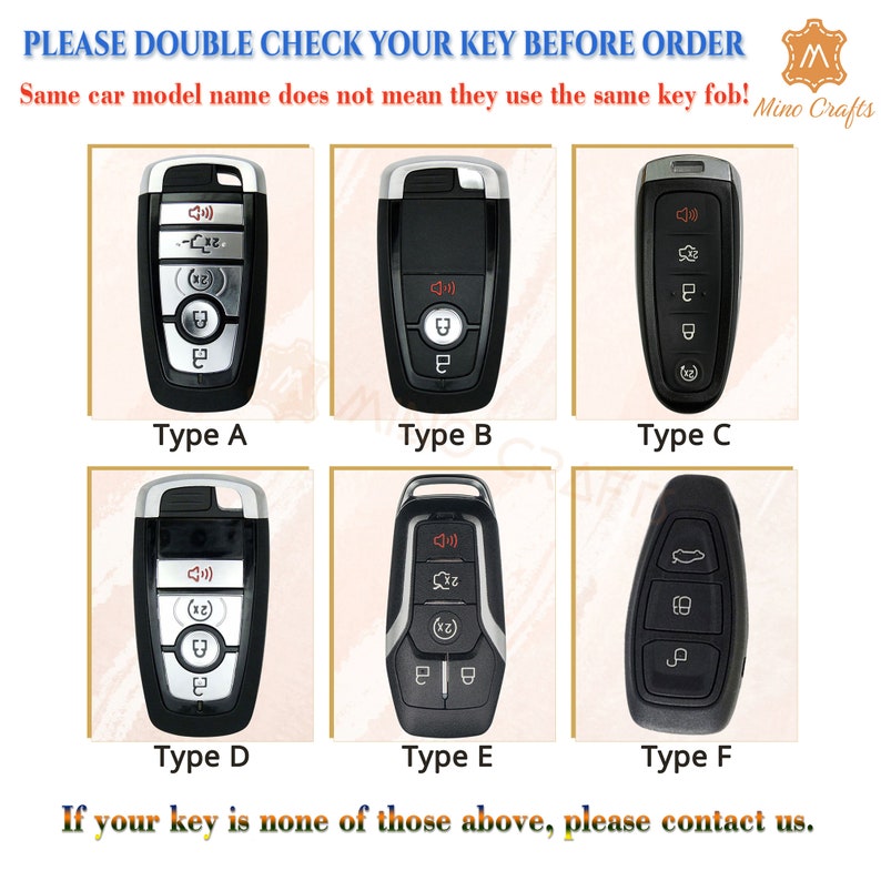 May include: Six different types of car key fobs, labeled A through F.  The key fobs are black with silver buttons.  PLEASE DOUBLE CHECK YOUR KEY BEFORE ORDER. Same car model name does not mean they use the same key fob! Mino Crafts.