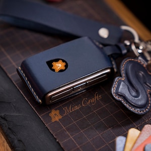 MinoCrafts Leather Key Fob Cover For XC90 XC60 S60 XC40 Handcrafted Car Key Fob Cover with Strap and Initial Charm