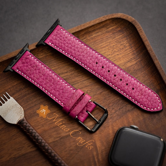 Deep Pink Leather iWatch band 49mm, 46mm, 45mm, 44mm, 42mm,41mm, 40mm, 38mm iWatch Strap Series SE2, 10, 9, 8, 7