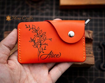 Personalized Keychain Wallet Handmade Birth Flower Leather Card Holder Personalized Birthday Keychain Handmade Leather Keychain