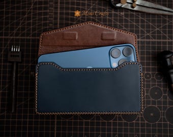 Handmade Navy Blue Leather Phone Holster for Phone Belt Loop Case Custom Fit to Any Size Personalized Leather Gift for Husband Dad Boyfriend