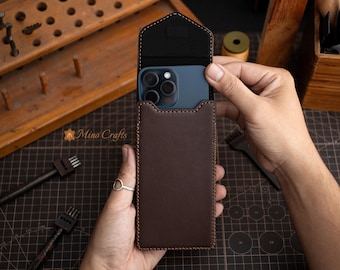 Leather Phone Holster for Phone 17 16 15 14 Handmade Belt Loop Case Custom Fit Full Grain Leather Phone Pouch for All Phone Models