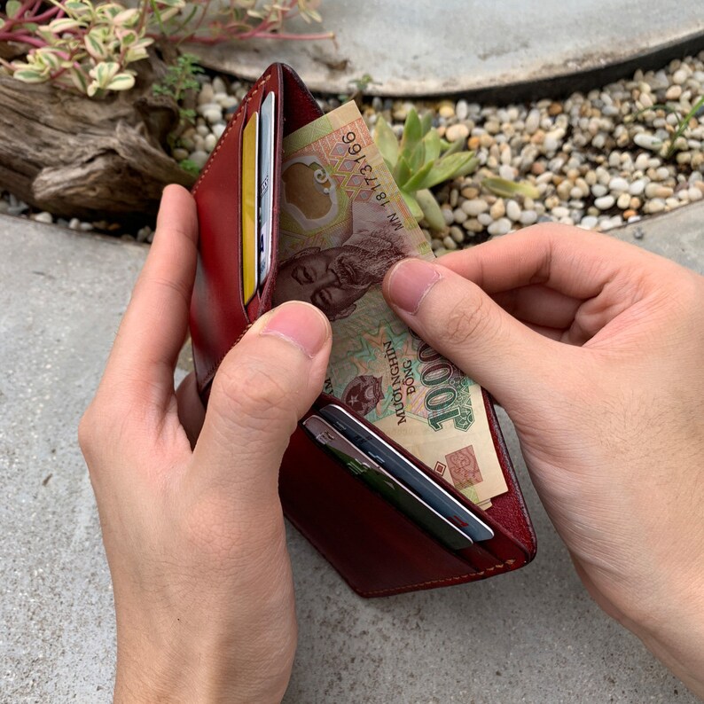 Vertical Card Slots Bifold Burgundy Minimalist Wallet Front Etsy