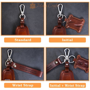May include: Four different styles of leather keychains. The first keychain is a standard keychain with a brown leather fob. The second keychain has a brown leather initial charm. The third keychain has a brown leather wrist strap with an engraved message. The fourth keychain has both an initial charm and a wrist strap.