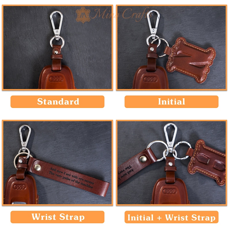 May include: Four different styles of leather keychains. The first keychain is a standard keychain with a brown leather fob. The second keychain has a brown leather initial charm. The third keychain has a brown leather wrist strap with an engraved message. The fourth keychain has both an initial charm and a wrist strap.