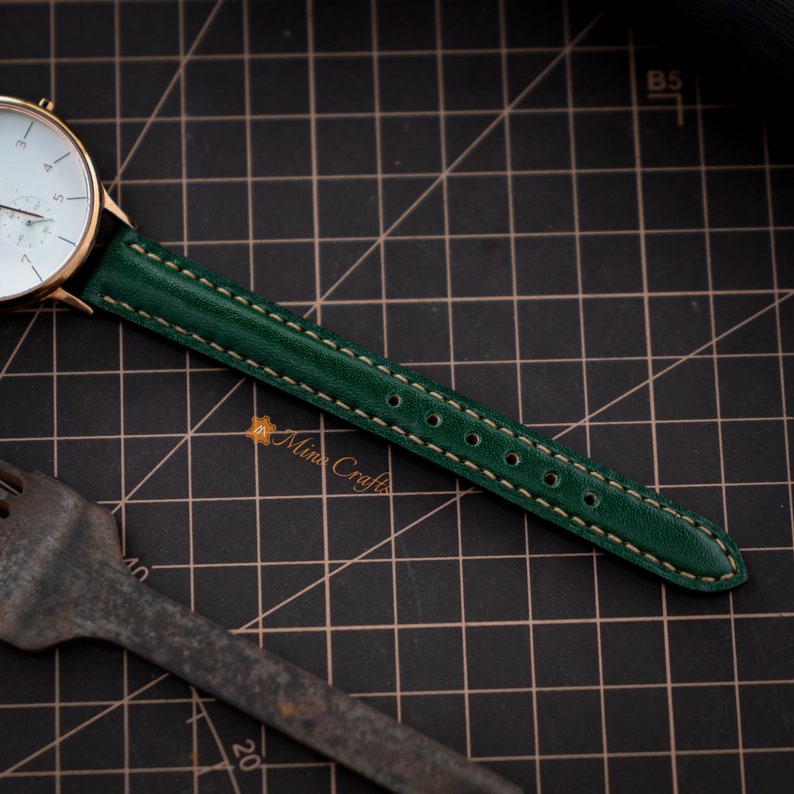 Green Leather Watch Band 8mm 10mm 12mm 14mm Leather Watch Strap Handmade Watch Band Women Watch Strap image 5